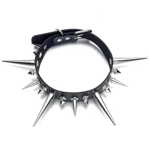Long Spiked Choker Punk Faux Leather Collar For Women Men Giant Spike Studded Chocker Goth Necklace Halloween Accessories