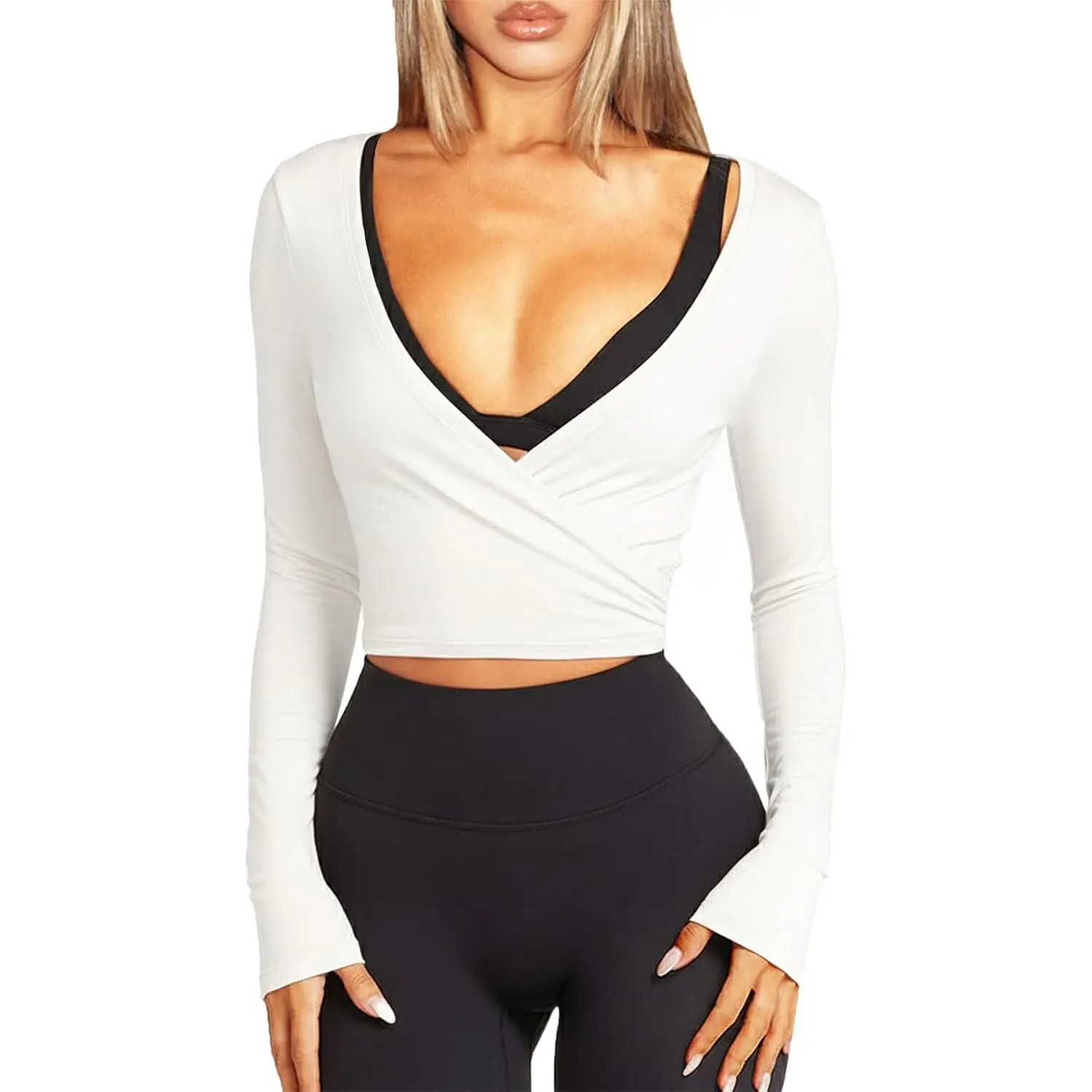 Women Long Sleeve Ballet Pilates Yoga Wrap Tie Front Tops Workout Gym Shirts Cardigan