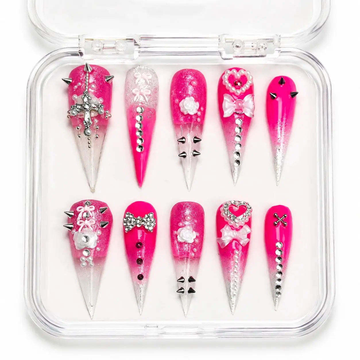 10Pcs Handmade Extra Long Stiletto Press On Nails, Statement Look Y2K Hot Pink Gradient Fake Acrylic Nails, Kawaii Bow, 3D Rose, Cross, Metal Spike Studs & AB Crystal Rhinestone Gothic Reusable Manicure Set With Prep Tools For Women Party Outfit