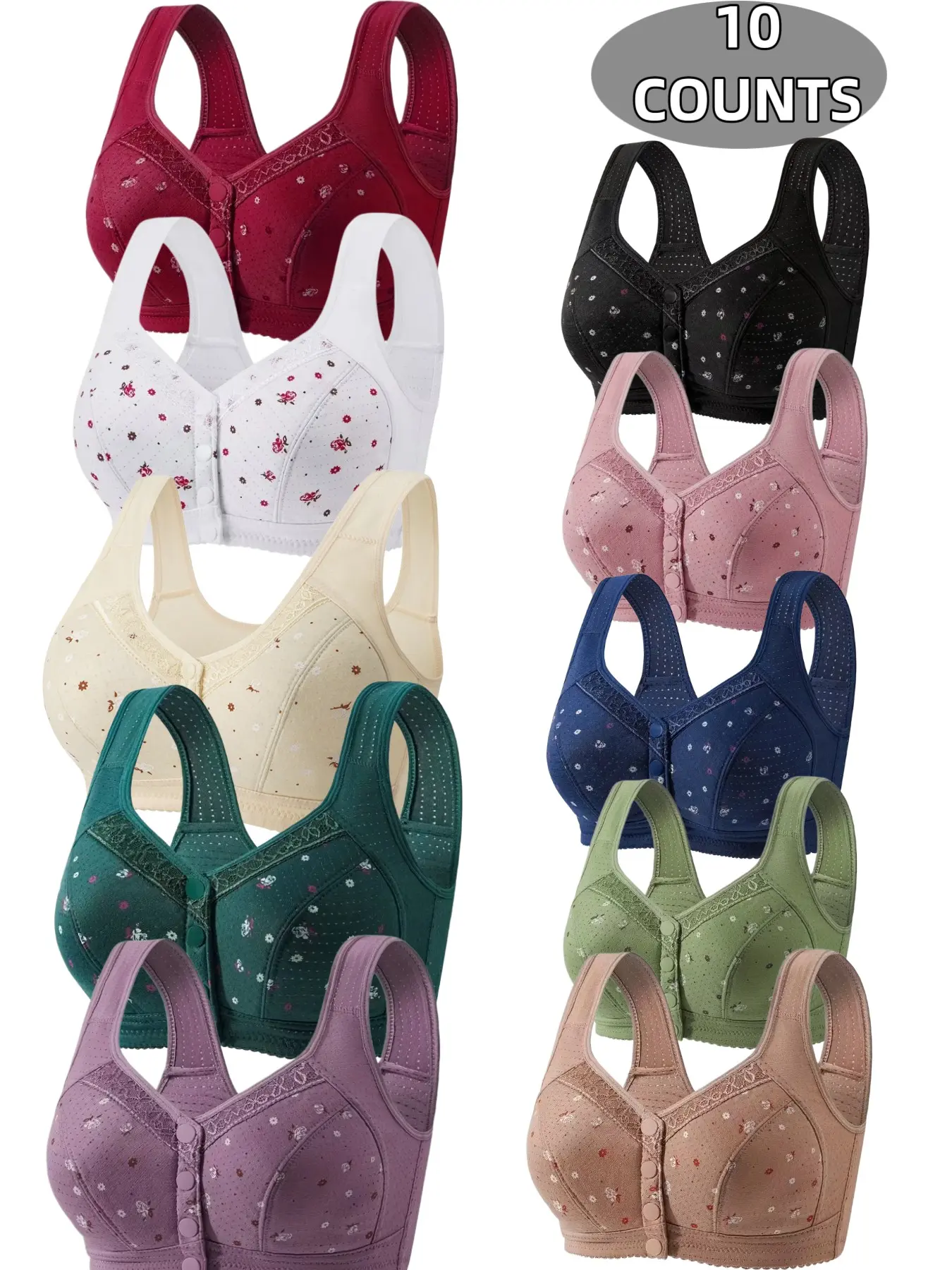 10-Pack Women's Lace Bralettes with Buckle, Seamless Comfort Fit, Full Coverage, Breathable Soft Fabric, All-Seasons Min Support Lingerie
