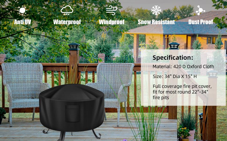 Fire Pit Cover - Round, 22-34 Inch, Heavy Duty Oxford Fabric, Waterproof