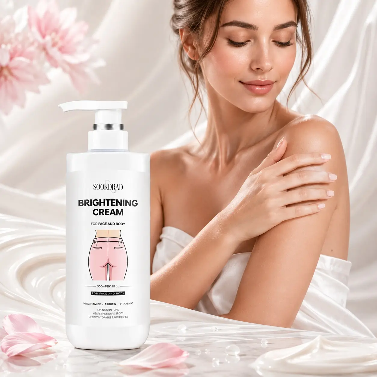 Brightening cream, niacinamide, arbutin, vitamin C, evens skin tone, fade dark spots, deeply hydrates, nourishes, for face and body, 300ml/10.14fl oz