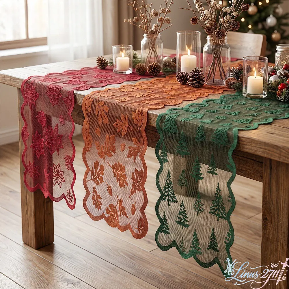 Christmas Lace Table Runner 36×178cm Embroidery Pine Tree Maple Leaf Transparent Tablecloth Wavy Edge Dining Table Decor Holiday Party Home Decoration for Xmas Thanksgiving Dinner Table Centerpiece