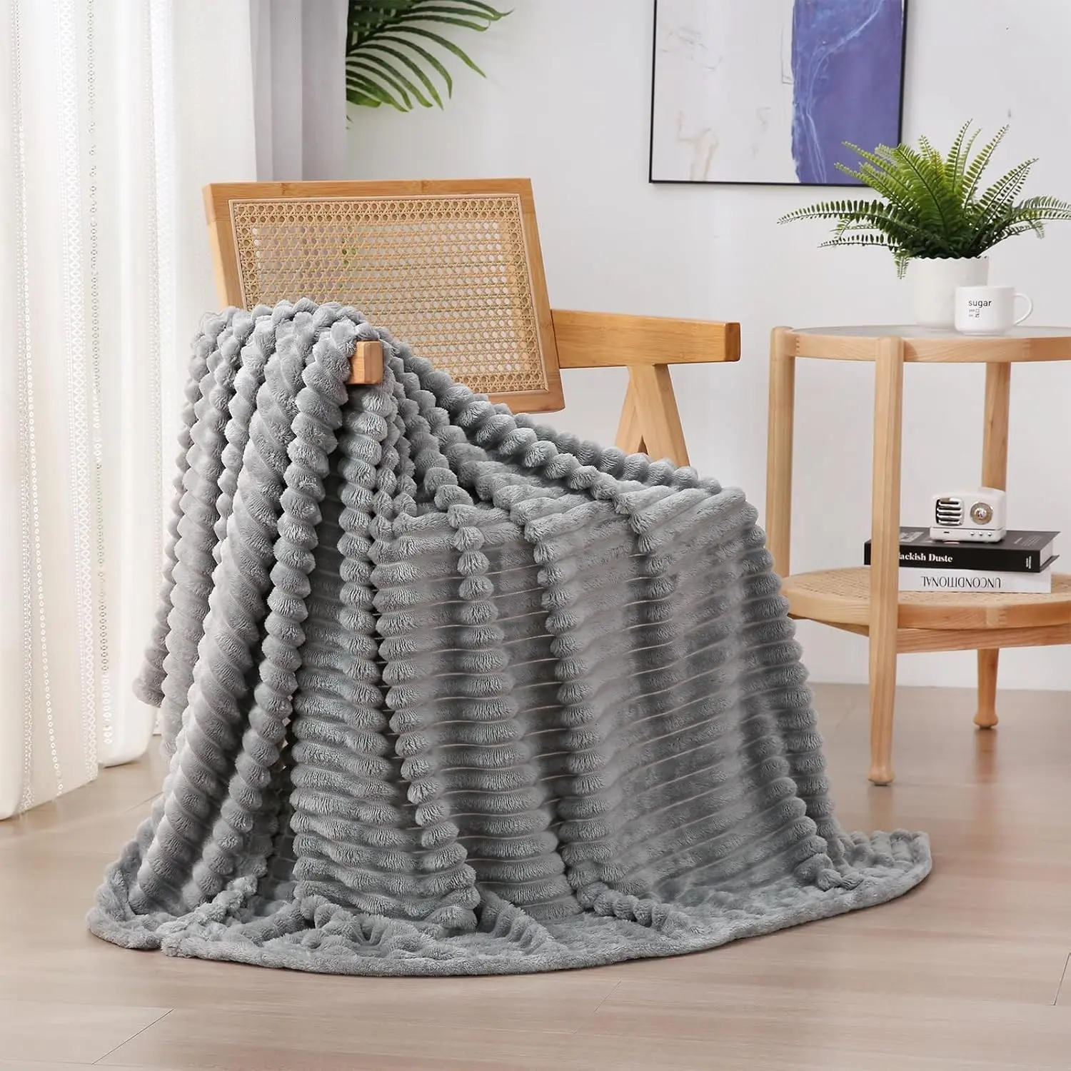 Grey Fleece Throw Blanket - 50x60 in Striped Super Soft Plush Microfiber Flannel, Couch/Bed Use for Adults, Home Room & House Decor Lightweight Indoor Furniture Accessory, Room Decor, Cozy Casual