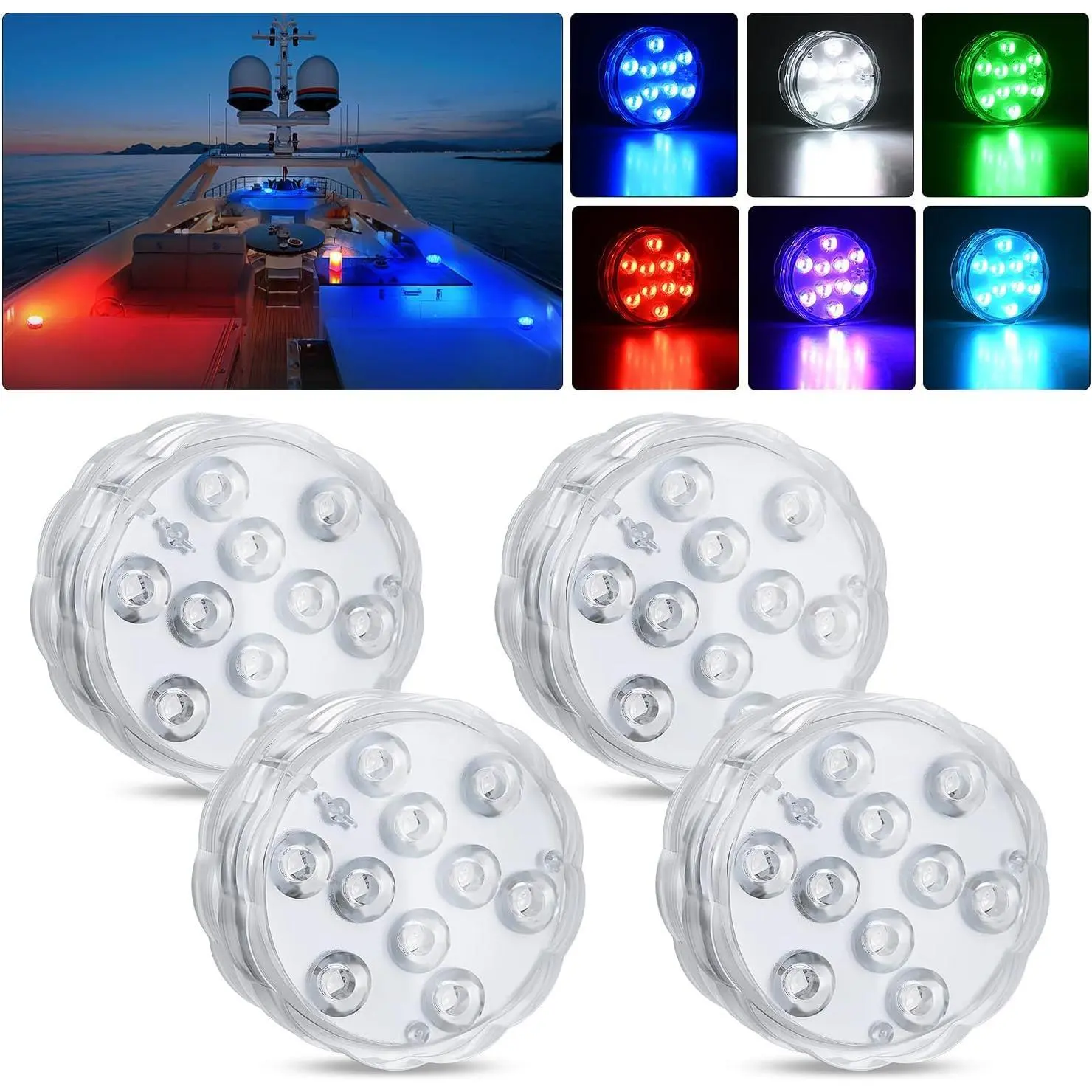 Nilight 4 PCS 10LED RGB Wireless Remote Control Submersible Marine Pool Lights - Bright, Outdoor, Multi-Lighting Modes for Swimming Pool, Pontoon, Bass Boat Accessories (Cabin Ambiance & Exterior Deck Lighting)