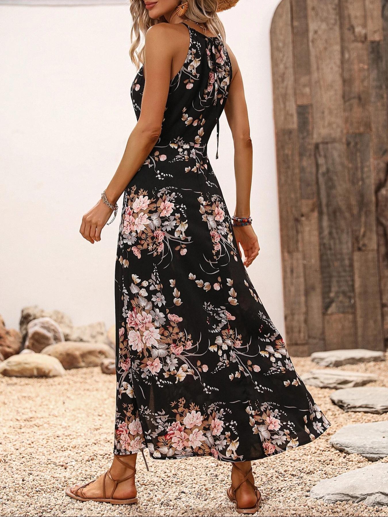 Women's Floral Print Split Thigh Halter Dress, Tie Back Design, Bohemian Boho Summer Long Sleeveless Fitted Dress, Elegant Printed Series Women's Floral Print Split Thigh Halter Dress, Tie Back Design, Bohemian Boho Summer Long Sleeveless Fitted Dress, Elegant Printed Series