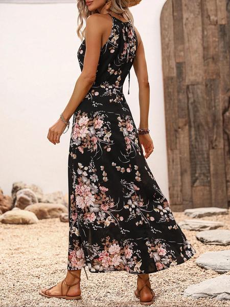 Women's Floral Print Split Thigh Halter Dress, Elegant Tie Back Design for All Seasons, Boho Style Long Dress for Spring Summer Fall
