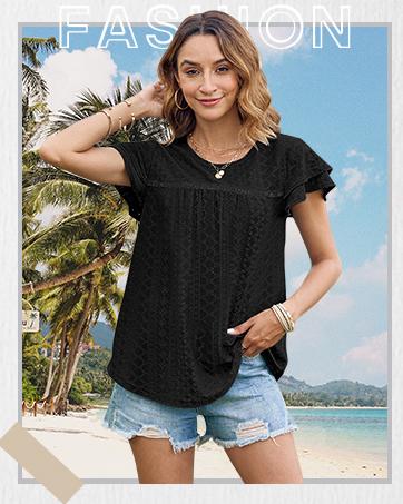 Women's Summer Tops Crewneck Eyelet Ruffle Short Sleeve Blouses Casual Babydoll Shirts 2025 S-2XL Lightweight Soft Knitted Fabric Trendy Babydoll Style