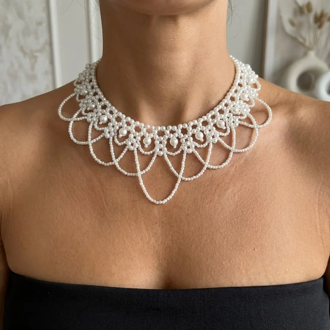 Bridal Pearl Necklace for Women, Handmade Lace Beaded Choker Necklace with Elegant Vintage Design, Feminine Wedding Jewelry for Bride, Wedding Dress Accessories, Engagement, Prom, Party & Gift