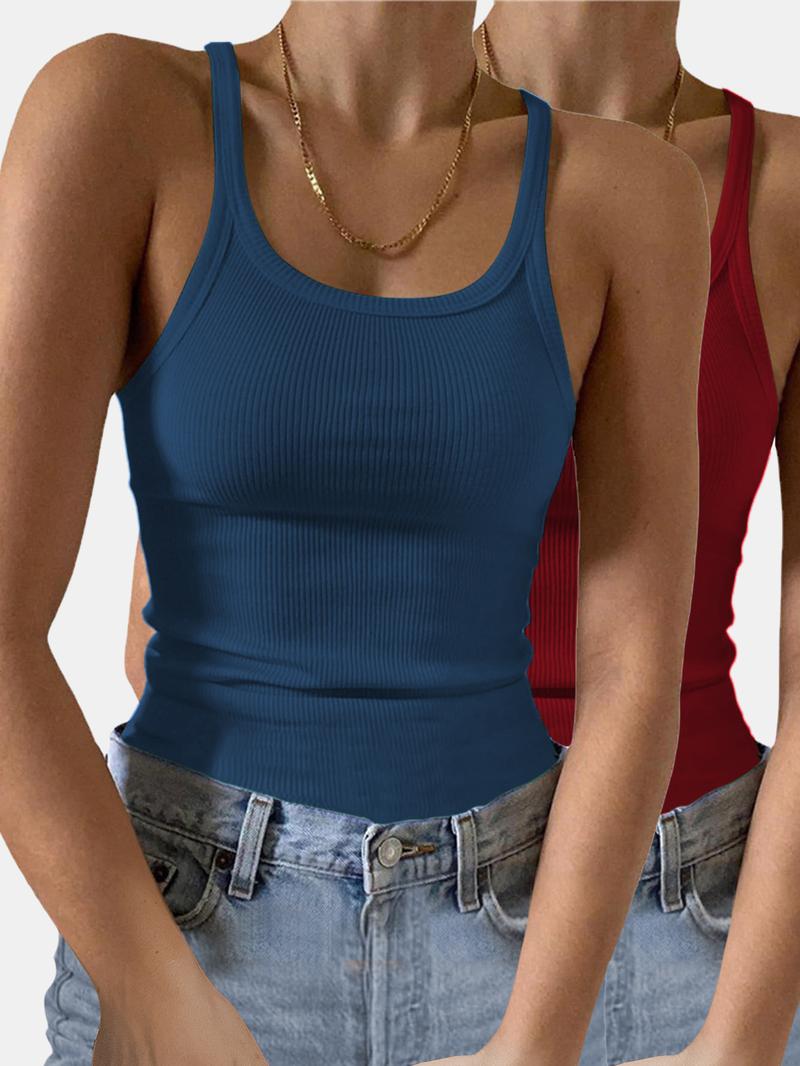 Women's Solid Ribbed Tank Top, Elastic Basic Vest, Casual Sleeveless Top for Summer, Ladies Clothes for Daily Wear, Summer Tops