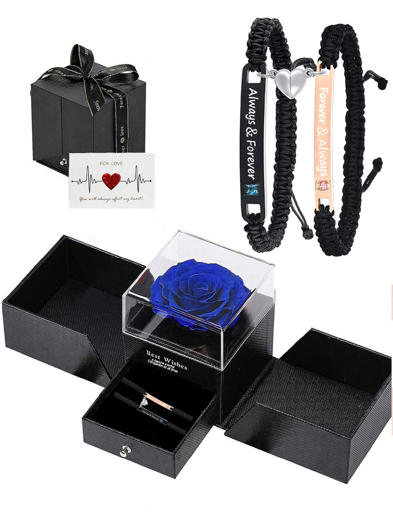 Braided Couple Matching Bracelet (2pcs/1 Set), Magnetic Heart & Letter Design Link Bracelet for Women & Men, Jewelry for Birthday Gift with Rose Box, Personalized Couples Bracelet, Adjustable Bracelets