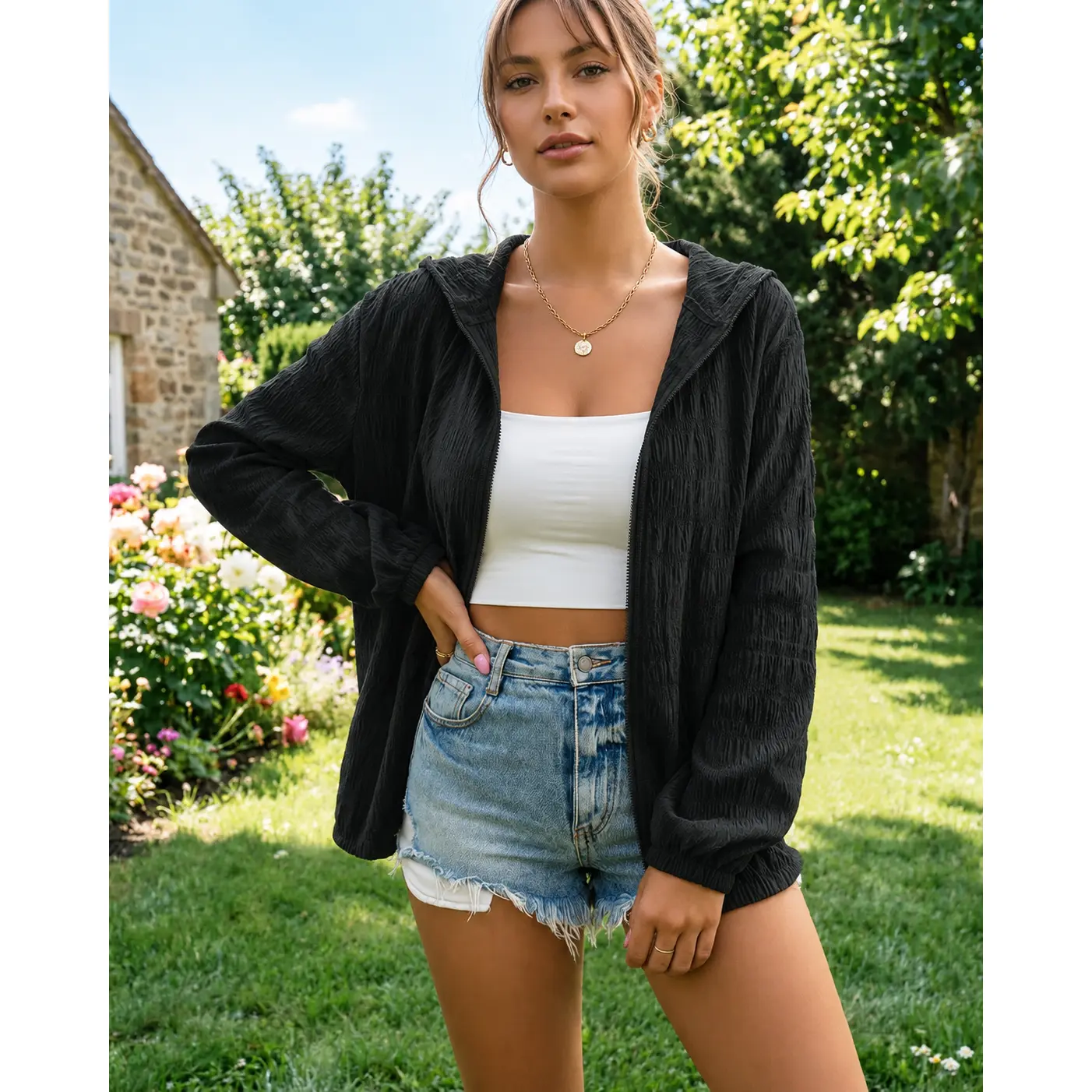 Women's Lightweight Hooded Zip-Up Sun-Protection Jacket, Solid Black Loose-Fit Long-Sleeve Summer Hoodie for Travel, Outdoor and Casual Wear,summer layering outfit,weekend travel clothes