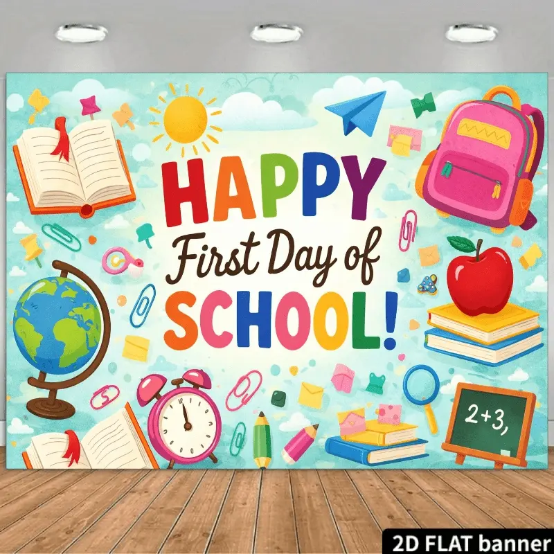 The banner background fabric for the first day of the second-grade school, suitable for school reopening decoration, parties, and photo backgrounds - a colorful campus theme, including books, pencils, globes, alarm clocks, and pink schoolbags