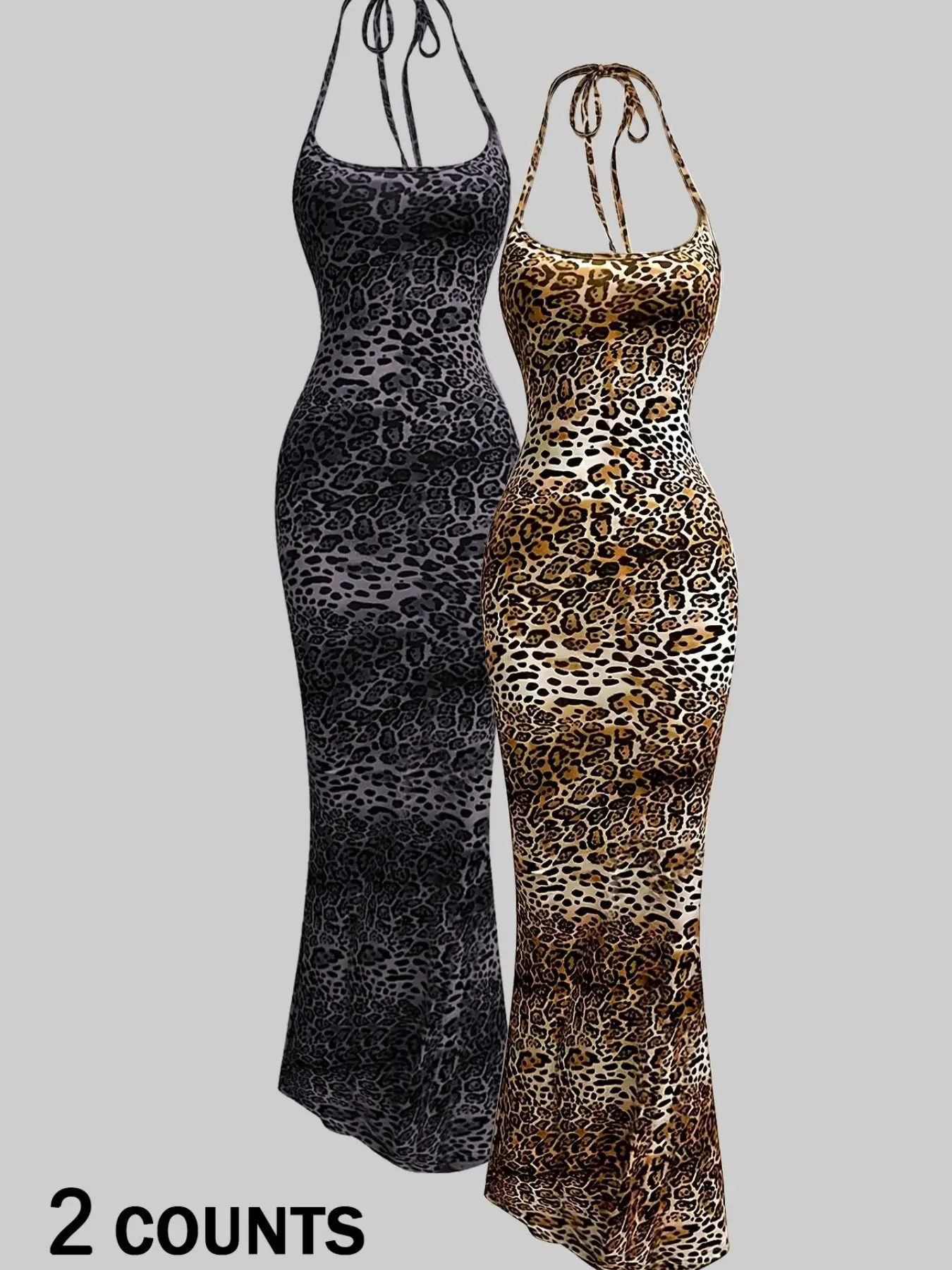Women's Leopard Print Halter Neck Bodycon Mermaid Dress Set, Y2K Sleeveless Evening Glam Gown, Trendy Sexy Street Style, Perfect for Night Out & Parties, Bodycon Long Dress