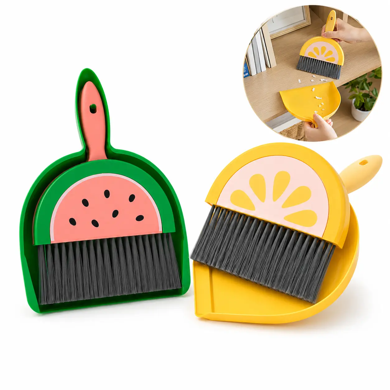 Cute Fruit Mini Broom and Dustpan Set, Small Handheld Sweeper with Dense Bristles, Desktop Cleaning Brush for Kitchen Counter, Keyboard, Office Desk & Home Storage
