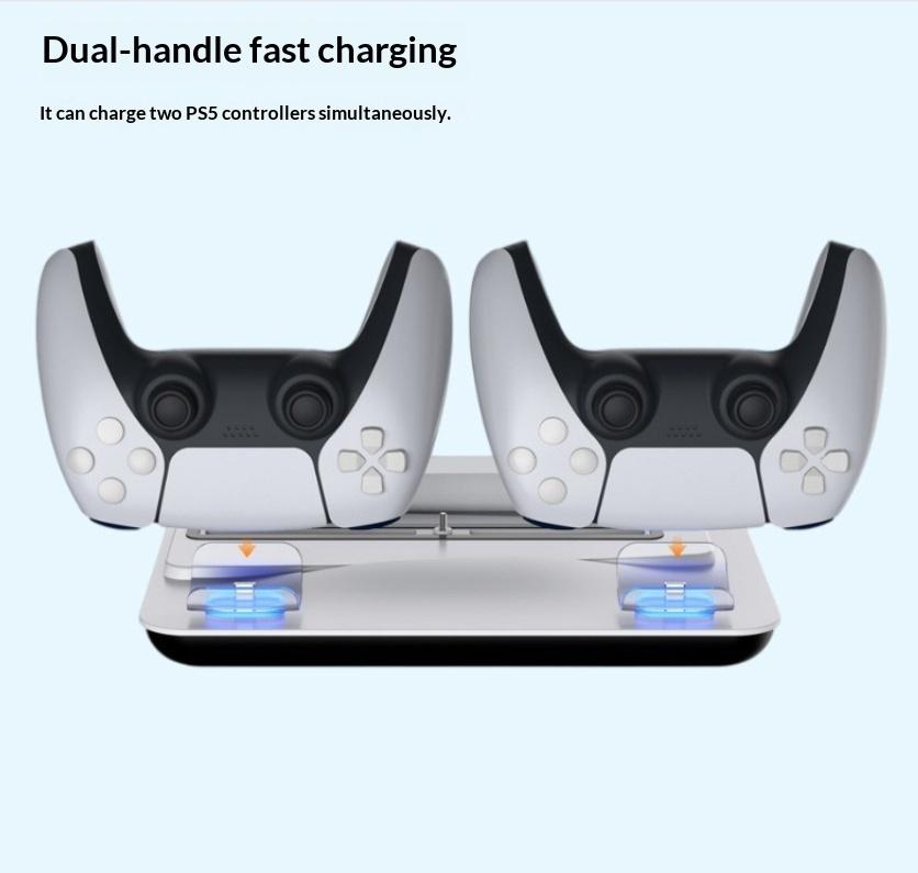 MOBIBLOOM Compatible PS5/PS5 Slim/PS5 Pro Multifunction Cooling Fan Base Stand, Charging Station for PS5 Gaming Controller, Blue Light, Game Accessory with Battery Protection Function