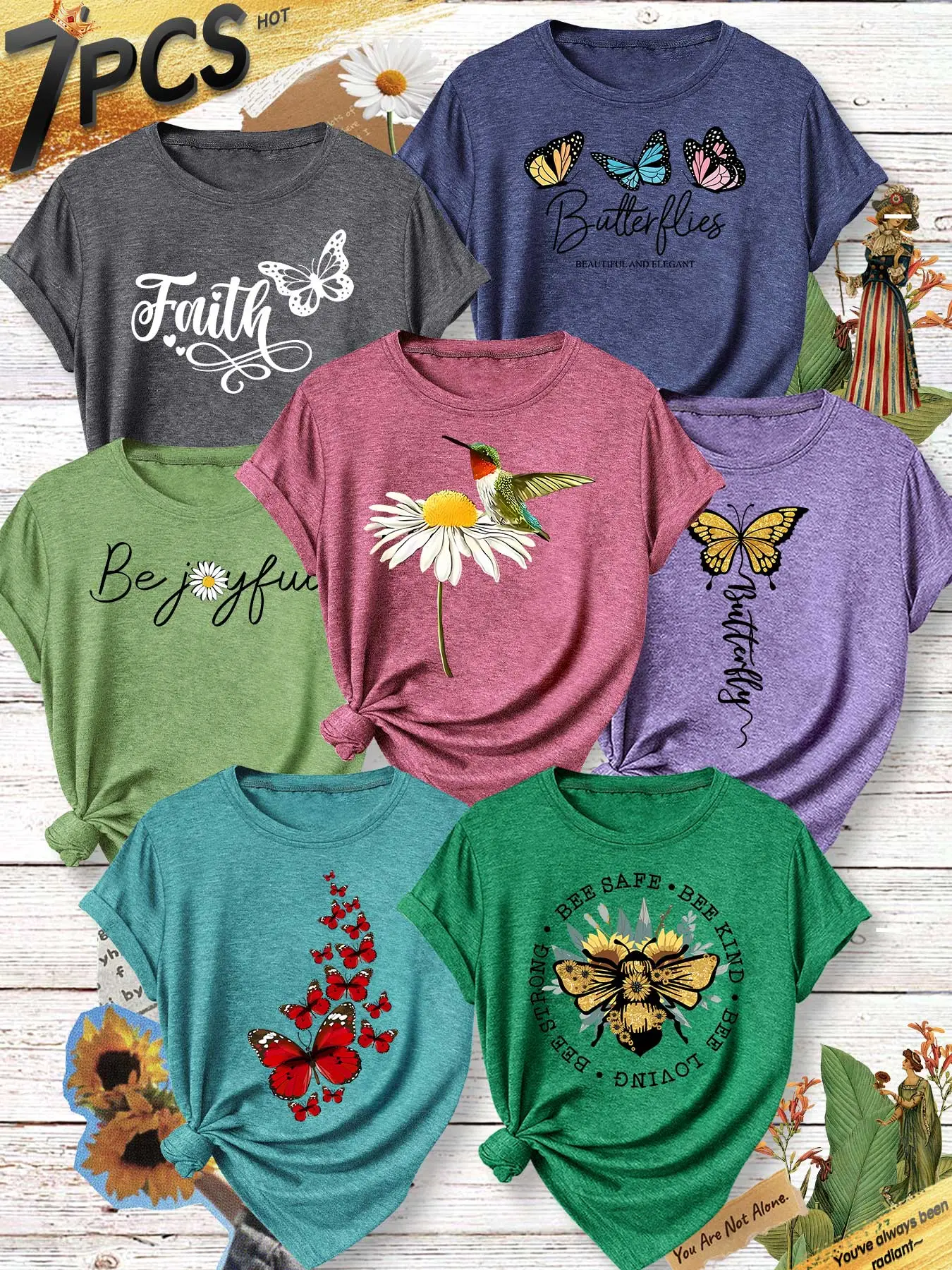 7Pcs Women Crew Neck T-Shirt, Butterfly Bee Hummingbird Inspirational Animal Print, Multi-color Available, Machine Washable, Soft Skin-friendly Spring Summer Daily Stylish Top, Casual Everyday Tee