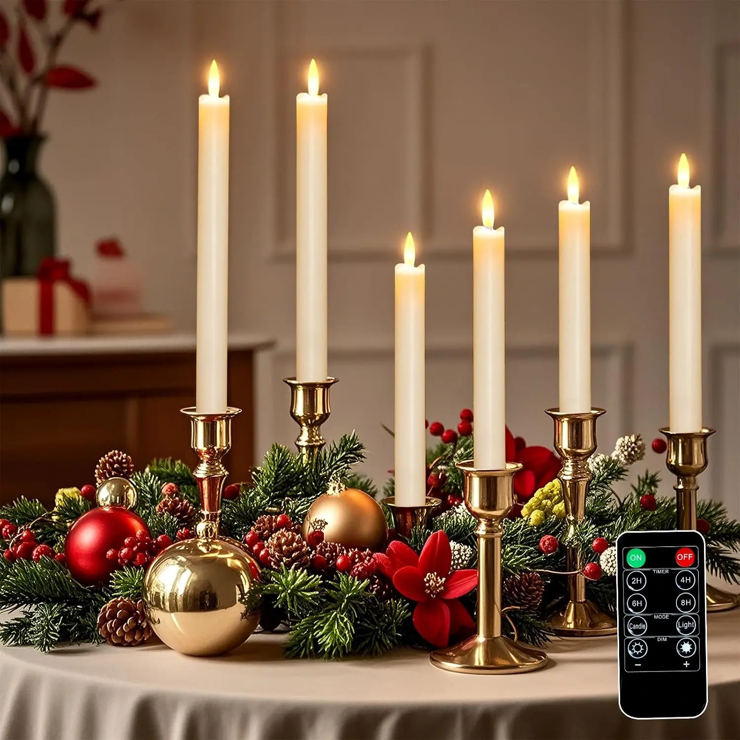 Operated Flameless  Taper Candles Flickering–Set of 6, Realistic  Wick Flickering LED Taper Candle Set,USB-Rechargeable, Remote & Timer, Ideal for Living Room, Bedroom & Easter Décor