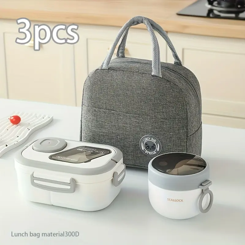 1pc Portable Large Capacity 3-Piece Lunch Set with Thermal Insulated Bag Food Container & Breakfast Cup, Foldable Aluminum Foil Tote for Students Office Travel Reusable Lunchbox