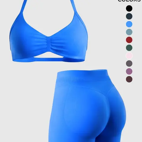 Women's Halter Backless Sports Bra and High-Waist Butt-Lift Shorts Set with Pads, 2-in-1 Sporty Outfit, Sculpting Workout Outfit, Fitness Clothing for Yoga, Fitness and Daily Wear