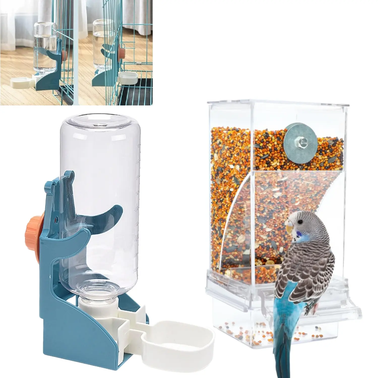 2 Pack Bird Feeder & Water Dispenser Set, Automatic Clear Parrot  Feeder With Cage Holder, Parakeet Seed Container And Drinker For Cage, Birds Budgies Canary Pets Feeding Tools