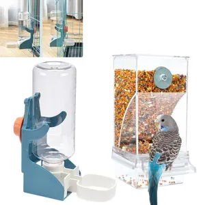 2 Pack Bird Feeder & Water Dispenser Set, Automatic Clear Parrot  Feeder With Cage Holder, Parakeet Seed Container And Drinker For Cage, Birds Budgies Canary Pets Feeding Tools