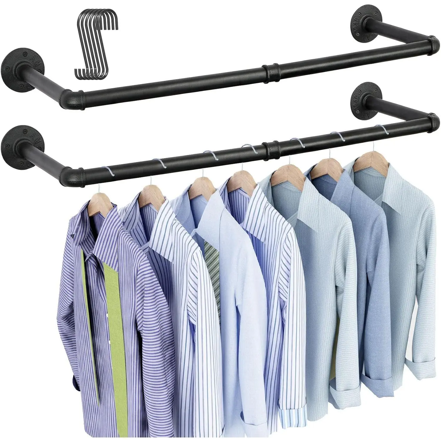 Industrial Pipe Clothes Rack Wall Mounted Set of 2, 38.4 inches Heavy Duty Iron Pipe Clothing Garment Rail, Multi-Purpose Clothing Hanging Rod for Laundry Room and Closet Storage