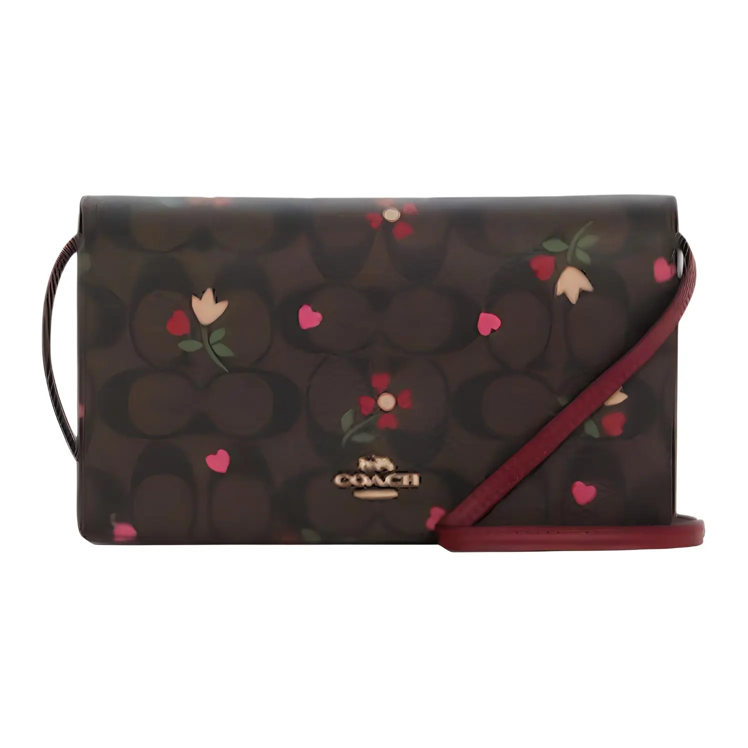 COACH Anna 20 Floral Heart Print Envelope Crossbody Bag for Women – Brown and Burgundy Leather