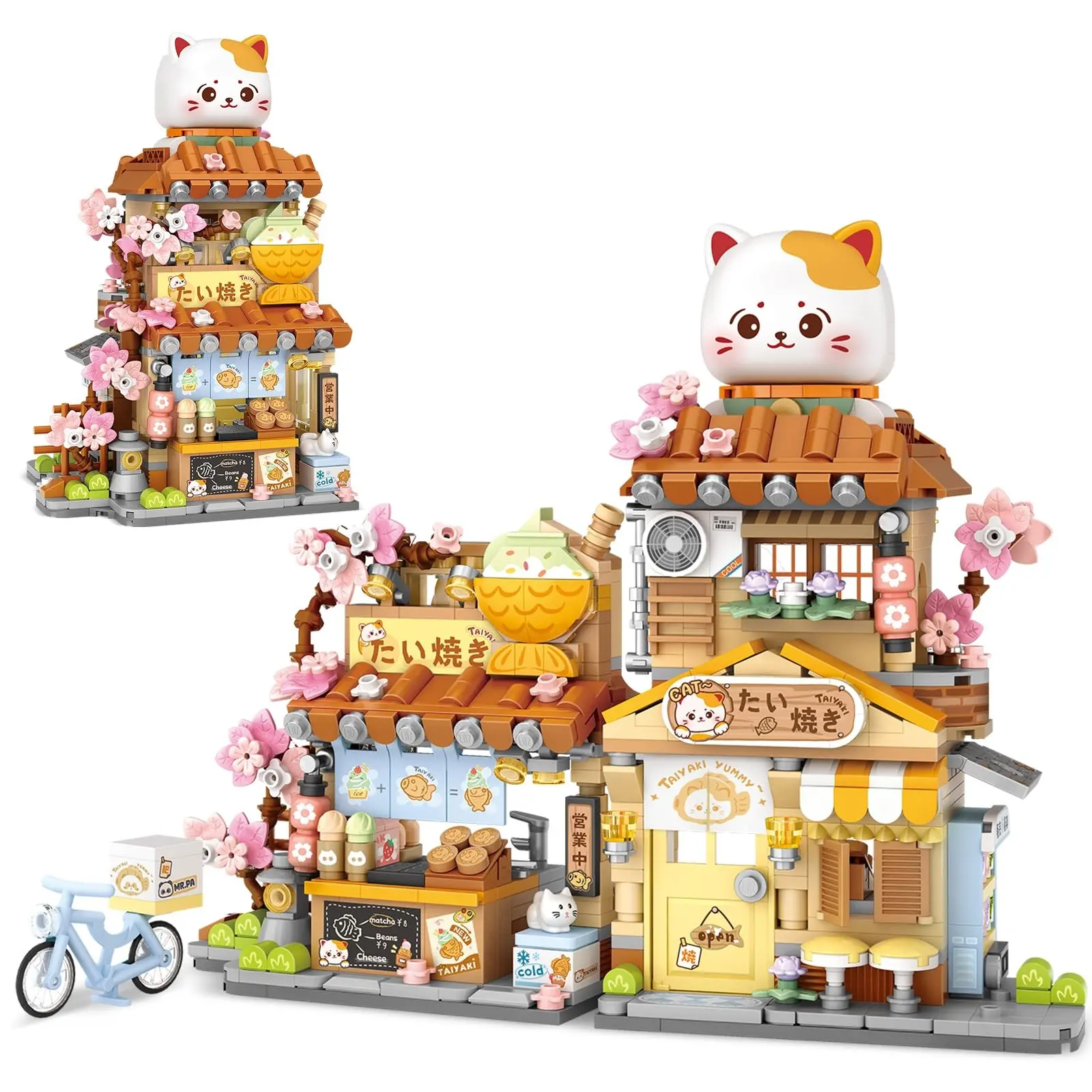 Japanese Street View Taiyaki Shop Mini Building Blocks, Moc Creative Building Toys, Cute Panda Set, 923 Pcs, Gift for Kids & Adults