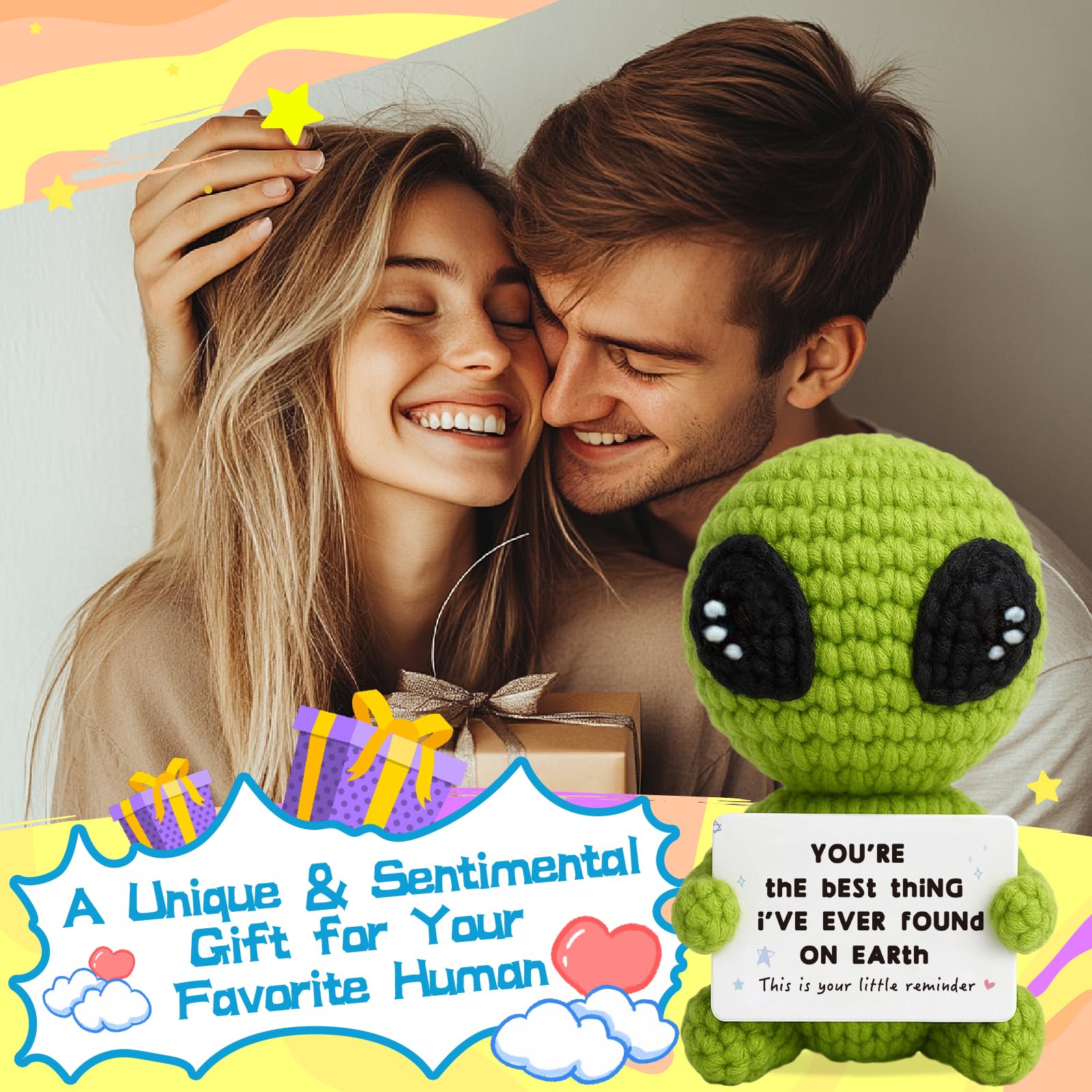 Cute Handmade Mini Knitted Alien Plush Emotional Support Stuffed Toy, Soft Stress Relief Doll for Christmas & Birthday Gifts for Women & Men, Teacher Appreciation Present, Bag Charm Keychain & Desk Decor, Unique Handcrafted Holiday Gift for Him, Her, Frie