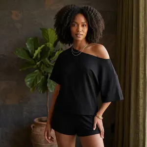 Women's Casual Two-Piece Loungewear Set Flattering Off Shoulder Top & Fitted Shorts Soft Stretchy Spring Outfit for Lounging & Travel