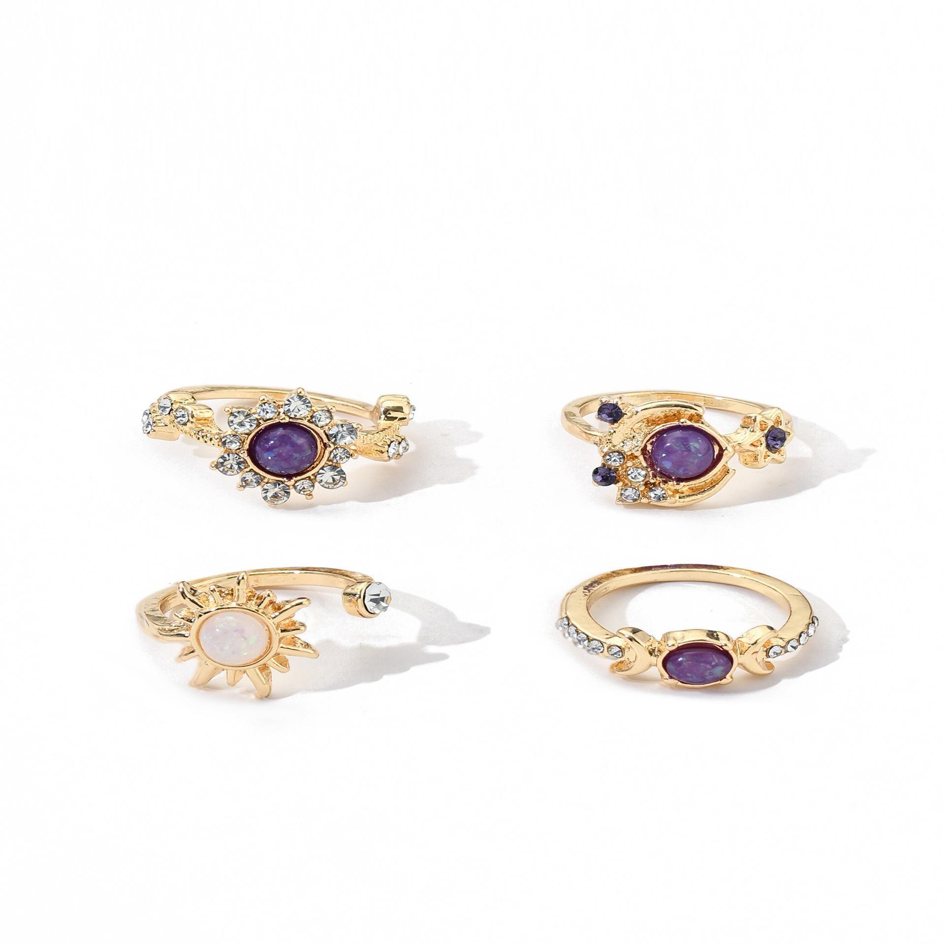 Women's Sun & Moon Gemstone Ring Set Trendy Geometric Stackable Jewelry with Sparkling Crystal Accents for Daily Wear and Parties