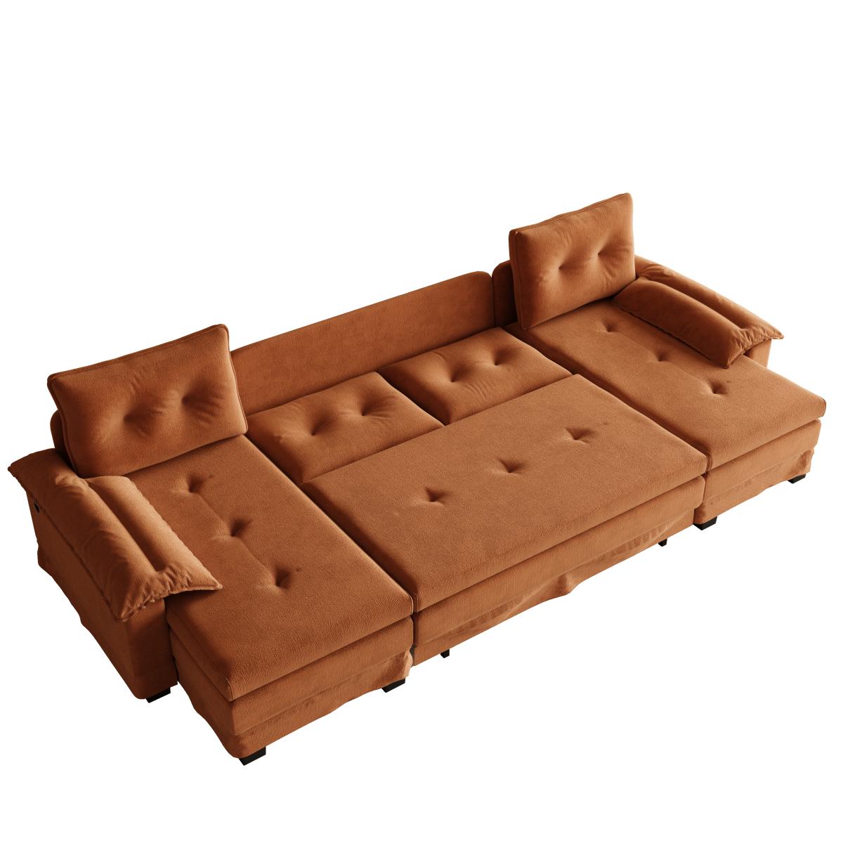 109.5" U-Shaped Sleeper Sofa with Pull Out Bed,2 in 1 Convertible Couch Bed with Removable Armrests & USB Ports,Oversized Sectional Modular with Chaise Lounge for Living Room/Apartment,Orange    RR