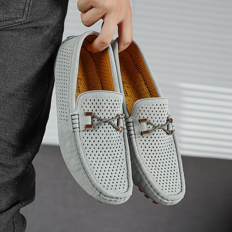 [Navy Blue Loafers] Breathable Men's Navy Blue Slip-On Loafers |         Casual Summer Driving Shoes, Large Size, Contrast Stitching |         Ventilated Comfort, Perforated Design & Brown Accents