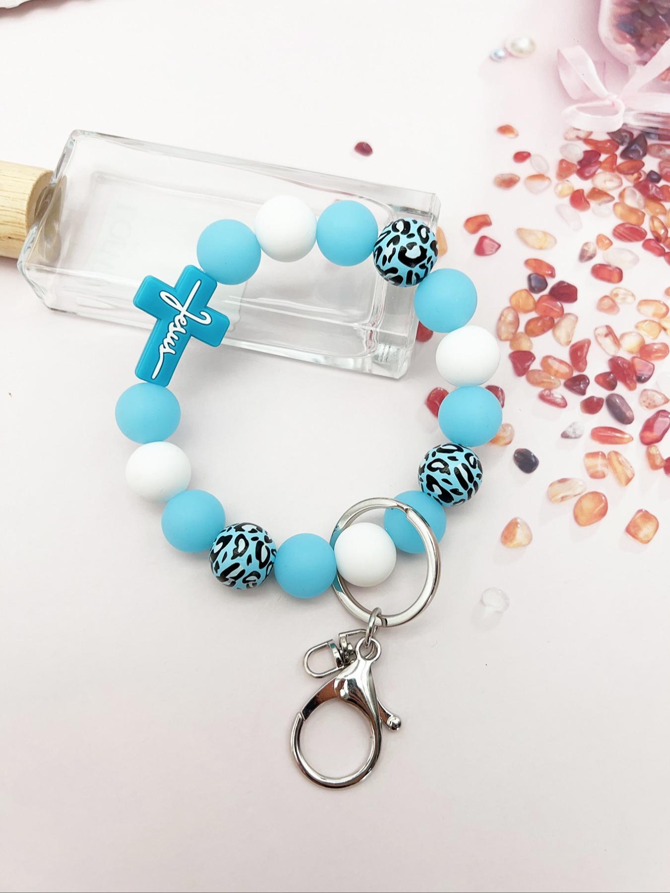 Leopard Wood Beads Keychain, Multi-colored Silicone Beads, Crossover Letters Bag Pendant, Car Key Pendant, Gift for Friends