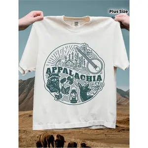 Appalachian-Themed T-Shirt In White Featuring Appalachian Scenery Patterns with Raccoon Deer Banjo Lantern And Floral Motifs Exclusive for Outdoor Nature And Music Lovers Punk-Style Oversi [Cool Design] Fun Tshirts Mens Clothes PLUS SIZE