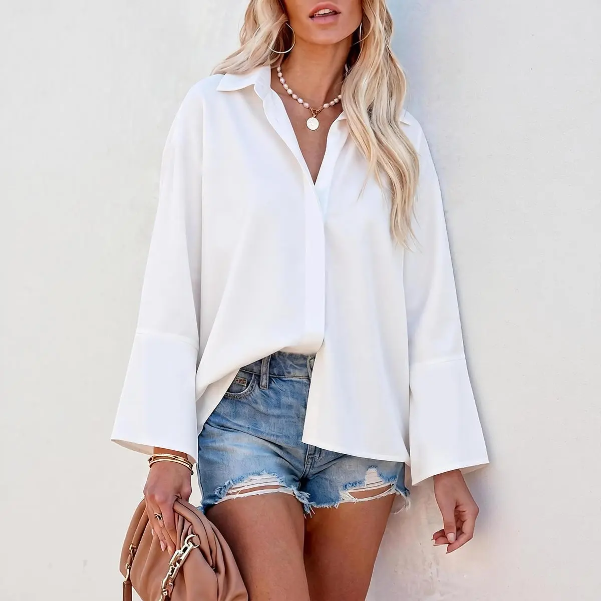 Women's Oversized Boyfriend Blouse, Solid Long Sleeve Button Down Shirt, Comfortable Loose Fit Business Casual Top for Work, Blouses, Business Casual Tops, Women's Tops And Blouses