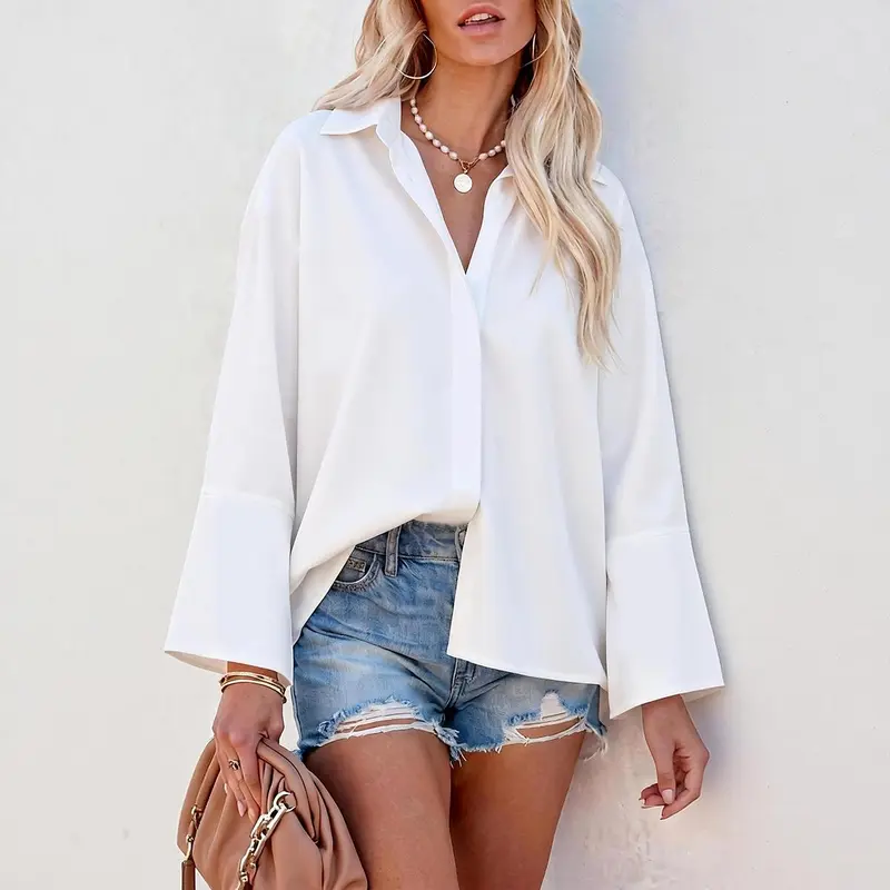 Women's Oversized Androgynous Boyfriend Blouses - Solid Long-Sleeve Button-Down Lady Tops, Loose Fit Work Clothes with Easy Movement, Business Casual Office OOTD Shirt for Work