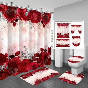 1/4pcs Rose Pattern Bathroom Decor Set, 4 Counts/set Including Shower Curtain & Toilet U-shape Mat & Bathroom Mat & Toilet Lid Cover, Bathroom Decor Supplies, Bathroom Decoration Accessories, Shower Curtain Sets