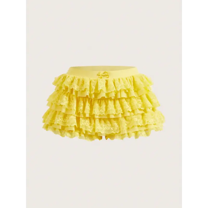 Athîral Summer Balletcore Sweet Bow Kawaii Mesh Contrast Lace Ruffle Trim Low Waist Yellow Mini Shorts