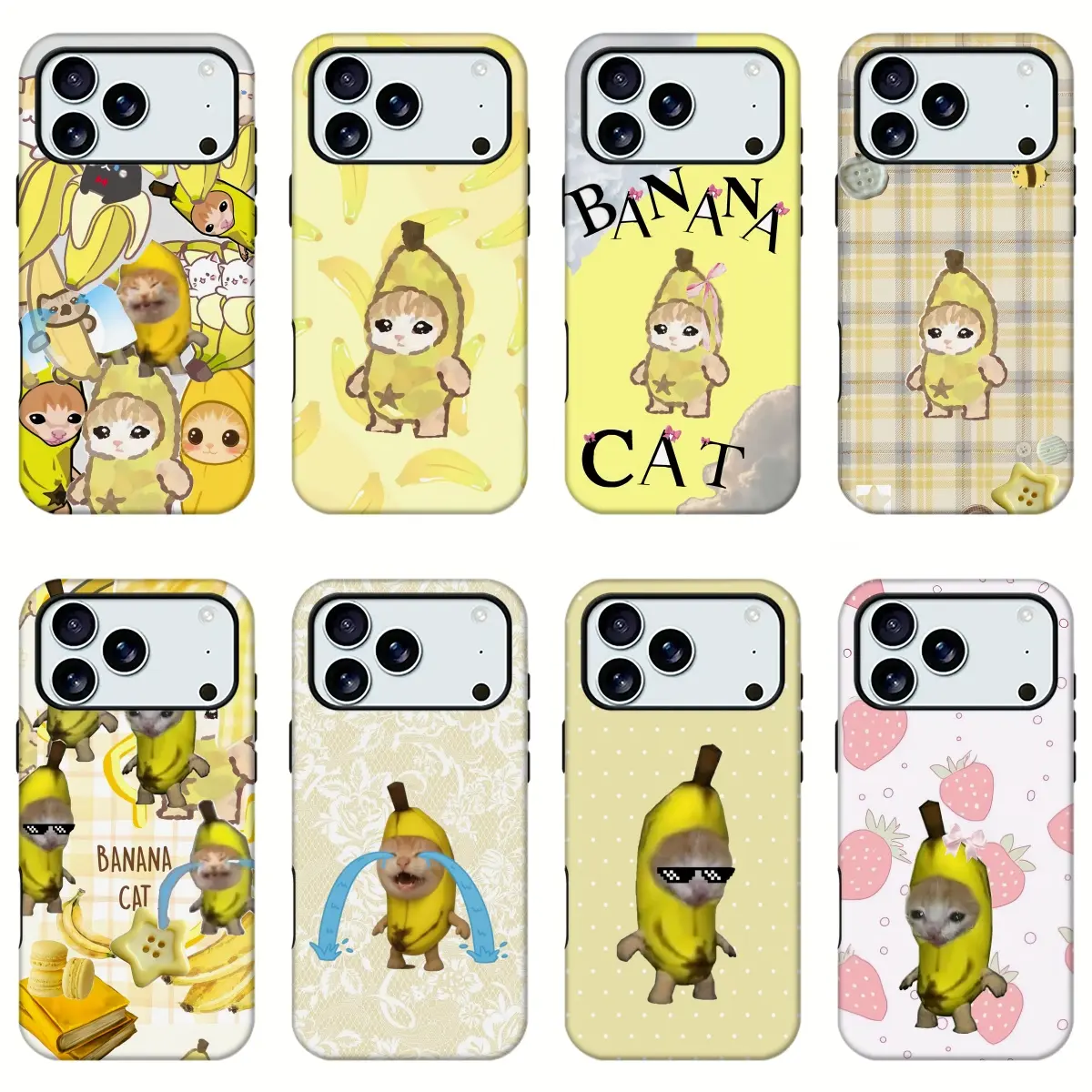 Banana Cat Meme Cute Print Phone Case, Funny Crying Banana Kitten Plaid Strawberry Sweet Aesthetic Shockproof Trendy Protective Mobile Phone Shell for iPhone11 12 13 14 15 16 17pro max and Samsung S21-S26 .Perfect for Her/HimGirly Phone gift