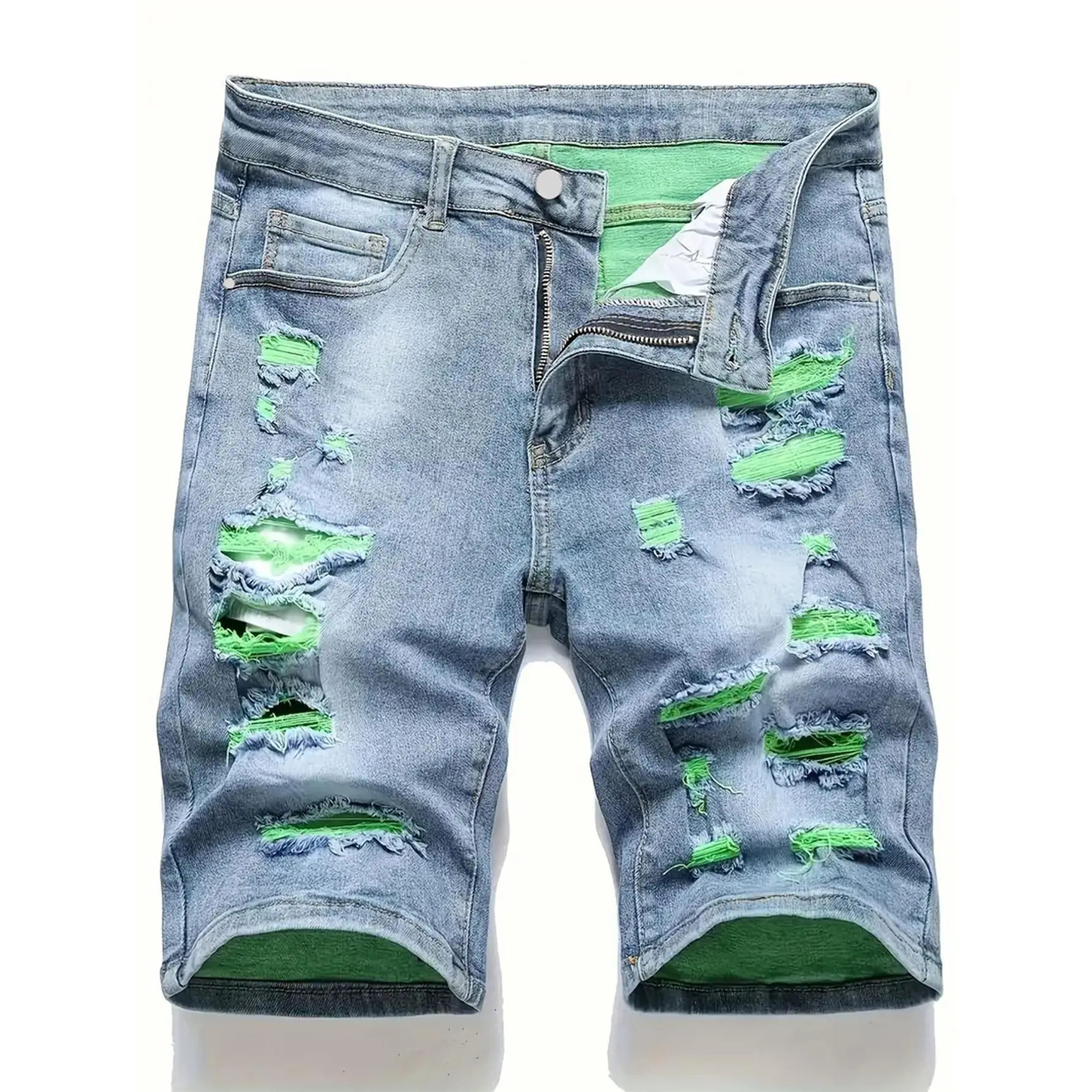 Men's Regular Fit Denim-effect Print Shorts, Casual Fashion Ripped Jeans Shorts for Summer, Men's Bottoms for Daily Wear, Ripped Pocket Jeans, Distressed Jeans Shorts