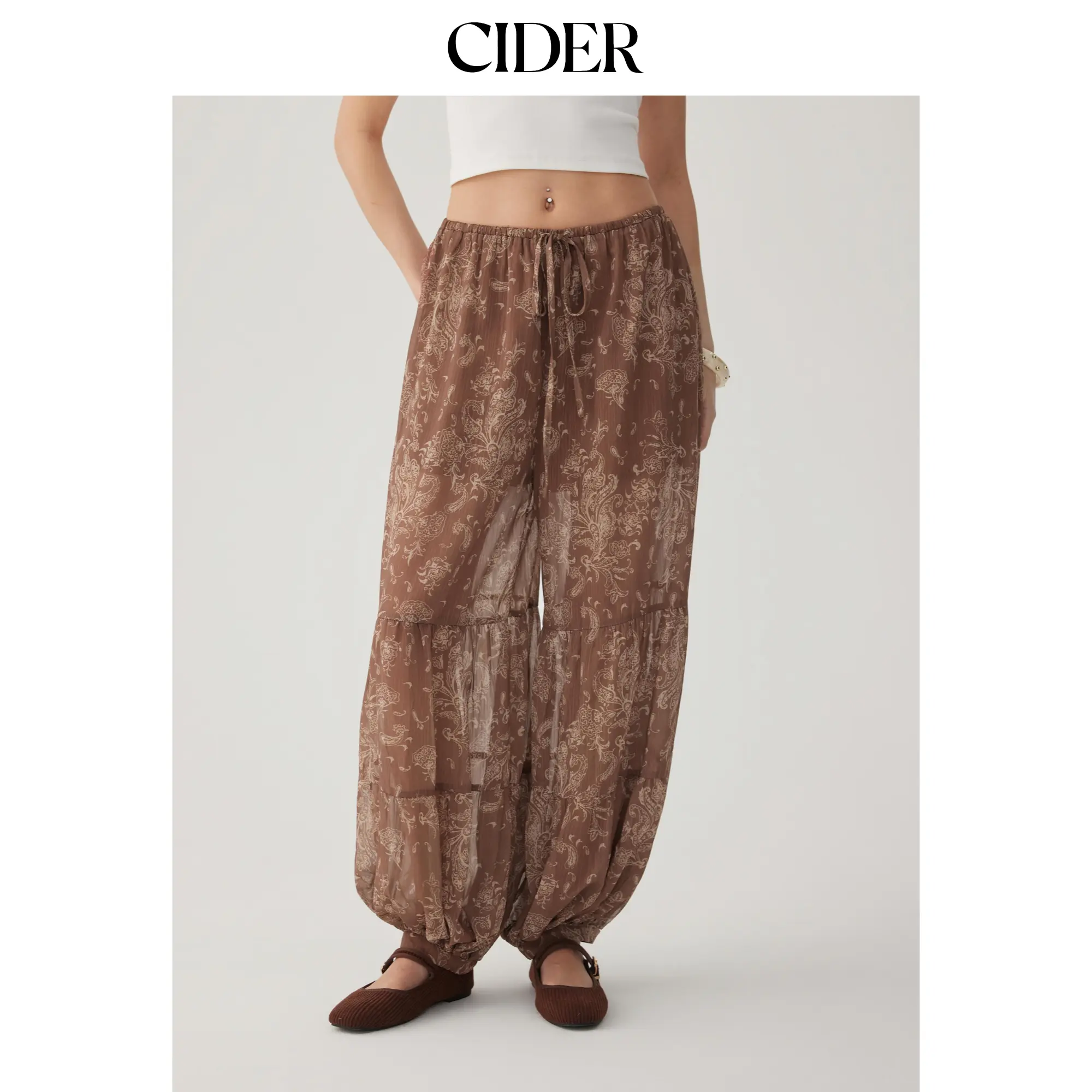 Cider Chiffon Mid Rise Floral Drawstring Barrel-leg Trousers