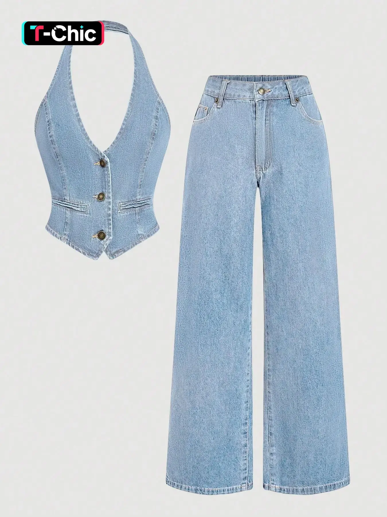 66236# V-Neck Denim Vest and Wide Leg Pants Set, Casual Retro High Waist Loose Fit Jeans, Two-Piece for Women