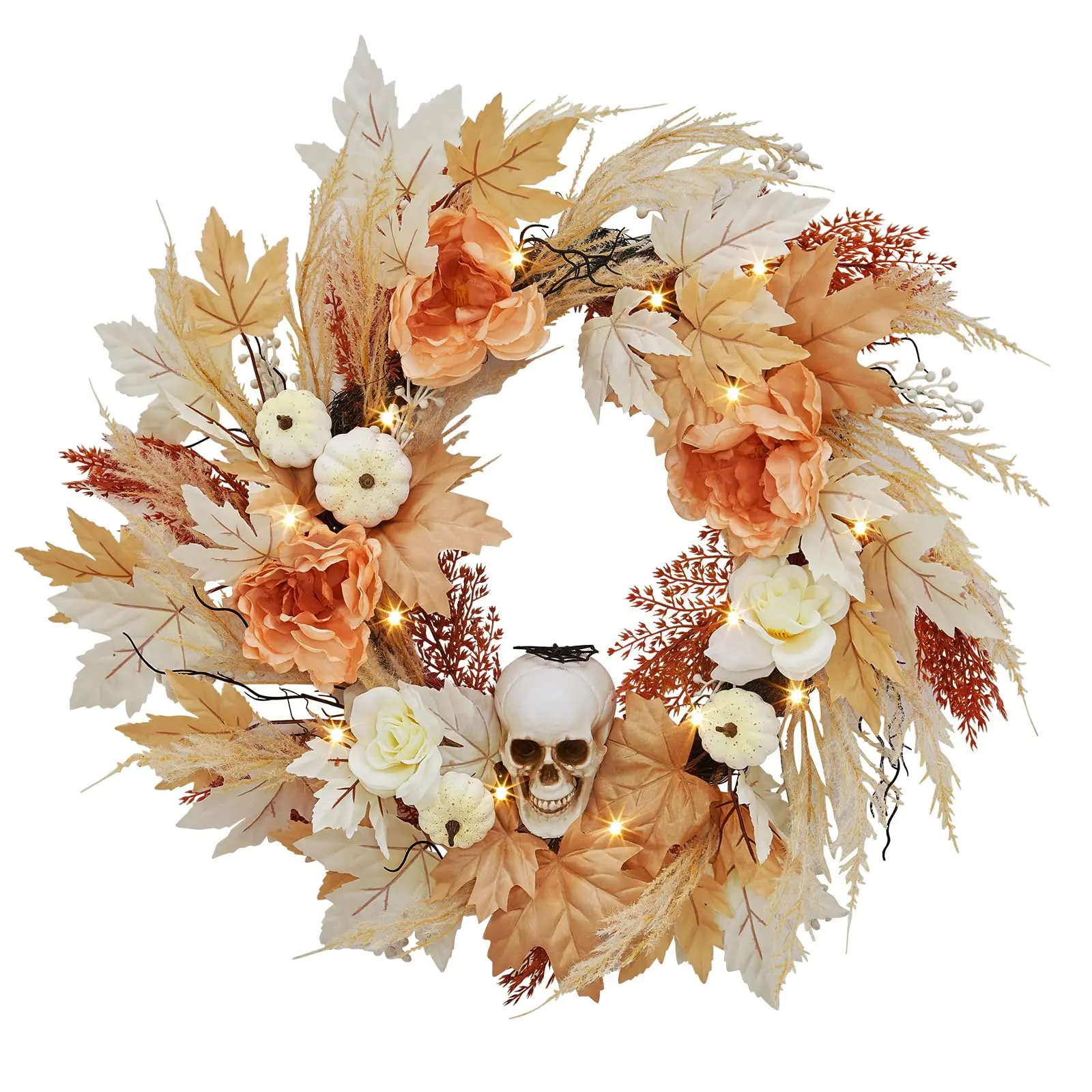 GARVEE22 Inch Halloween Wreath for Front Door, Halloween Skull Wreath with Lights White Pumpkins Roses, Halloween Decorations Fall Maple Leaves Wreath for Porch Window Indoor Outdoor Decor