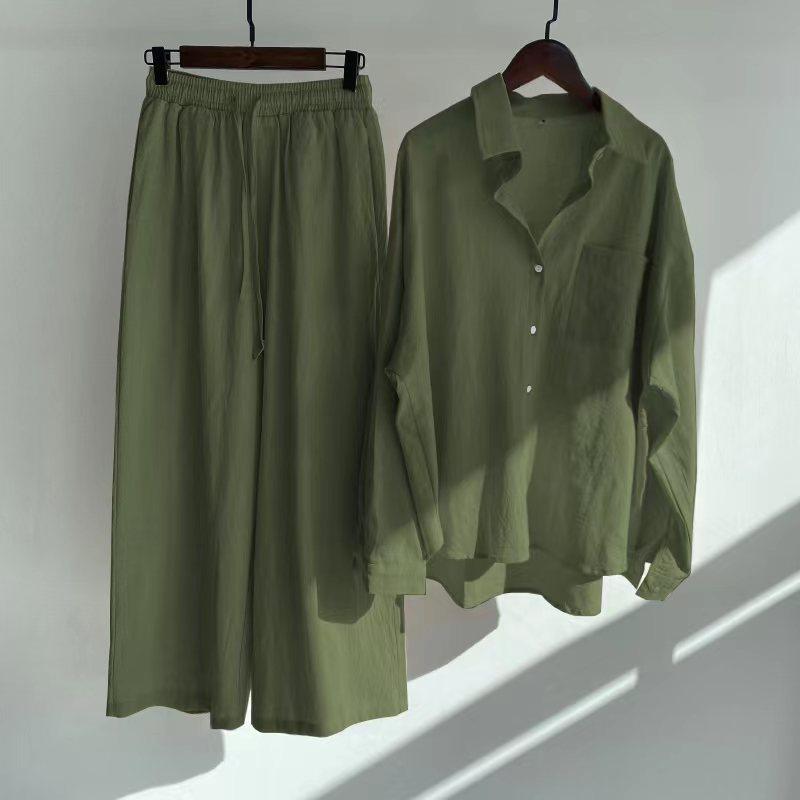 Ms. Xun's 2-piece Retro Plus Size 2026 Cotton Linen Shirt Set with High-waisted Loose Trousers