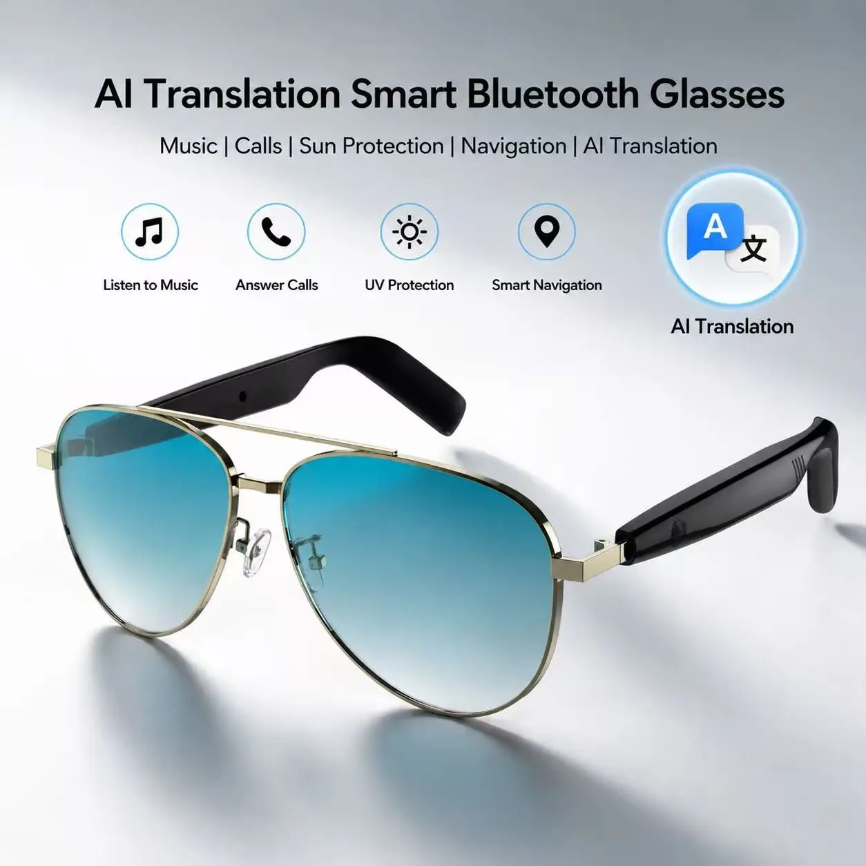 AI Bluetooth smart glasses, Multifunctional smart glasses, supporting multi-language translation apps, music glasses, in-ear automatic detection switch, sweat proof, sunscreen sunglasses, suitable for travel, navigation, meetings, business
