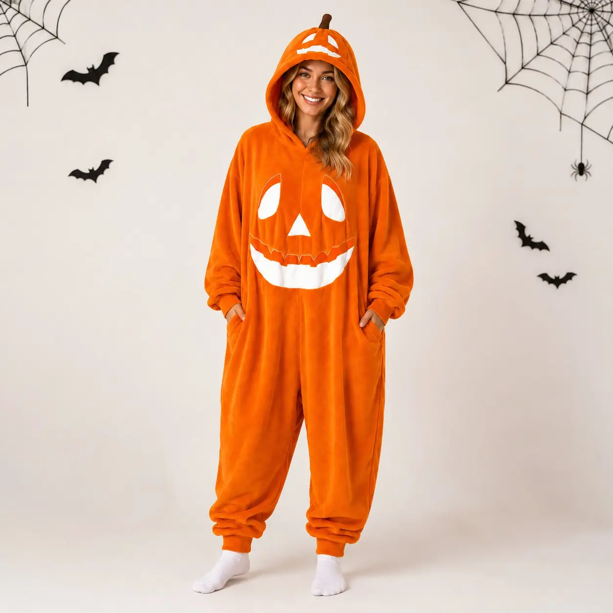 Adult Halloween Pumpkin Hooded Onesie Pajamas, Soft Plush Jumpsuit, Cozy Costume Sleepwear, Party Loungewear, Unlined