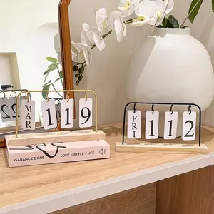 Vintage Metal Flip Desk Calendar Iron Wire Perpetual Calendar Mechanical Manual Date Display Home Bedroom Office Study Entryway Desktop Decoration