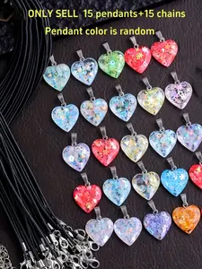15 Pcs Resin Glitter Heart Charms with Luminous Effect Adjustable Necklaces DIY Jewelry Making Kit for Women Cute Fluorescent Pendant Crafting Set Girls Festival Birthday Gift